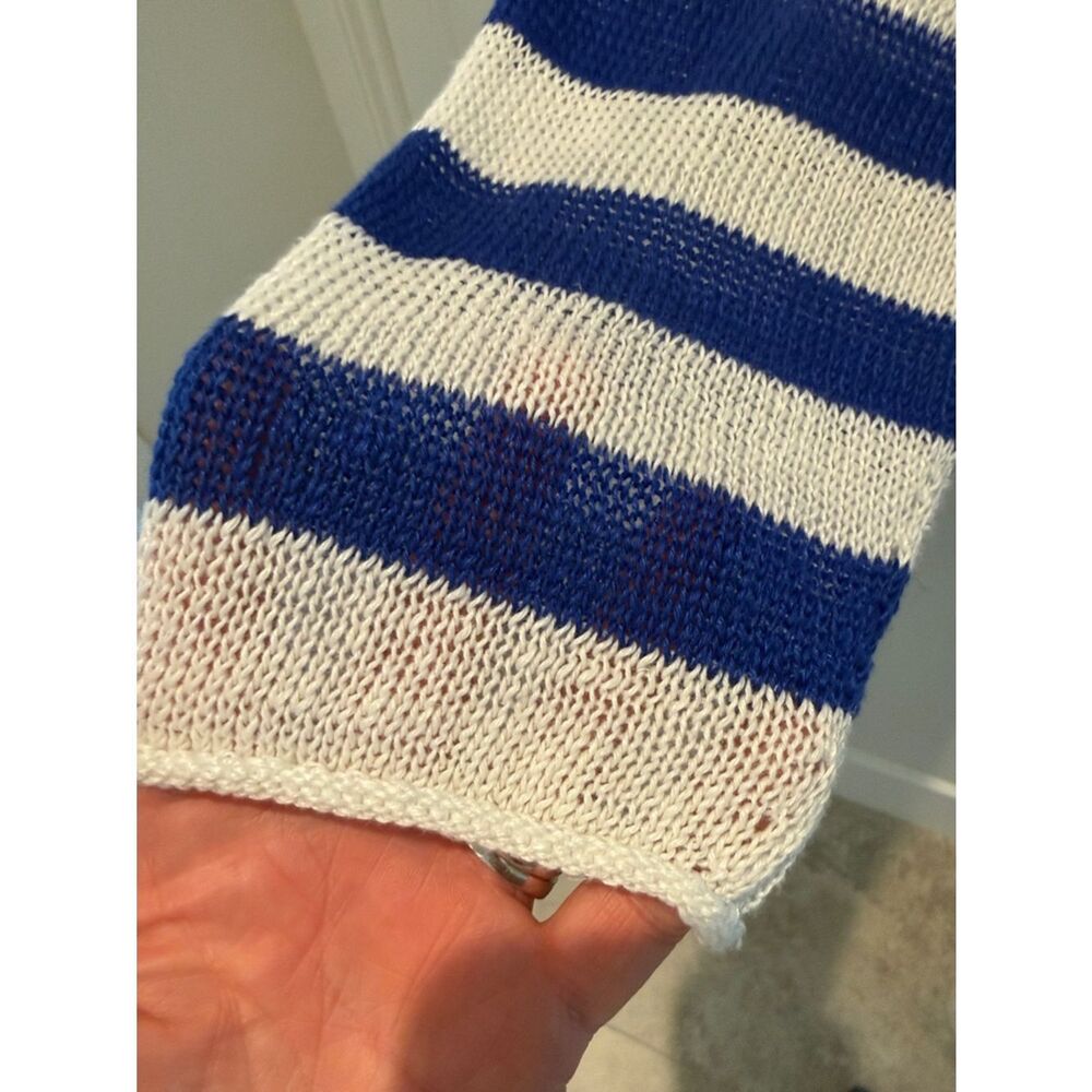 Madewell Blue and White Striped V-Neck Linen Sweater rolled hemlines size Small - Picture 6 of 13
